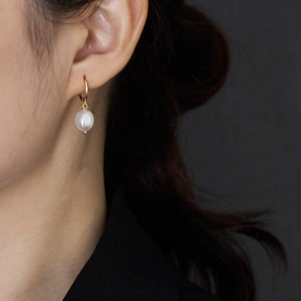 Pearl Drop Hoop Earrings Round Pearl Dangle Minimalist Jewelry - Picture 5 of 8